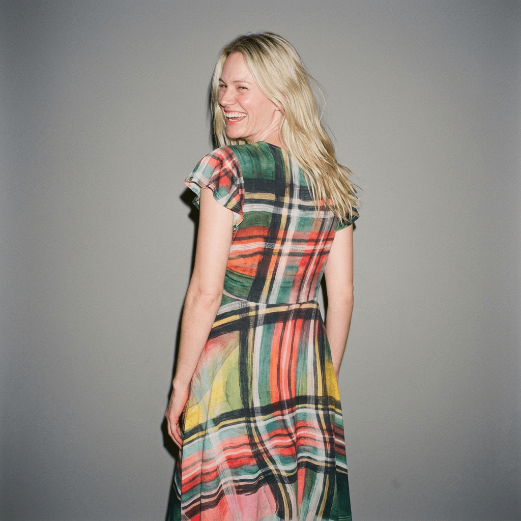Back view of plaid midi dress showing pattern continuity and fit