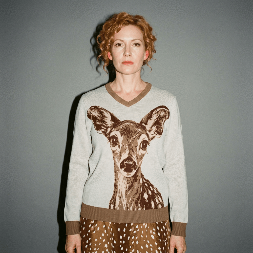 Model wearing powder blue fawn print V-neck sweater styled with spotted skirt