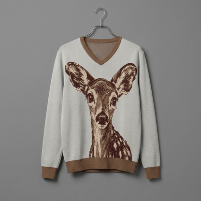 Front view of powder blue V-neck sweater featuring brown fawn face design