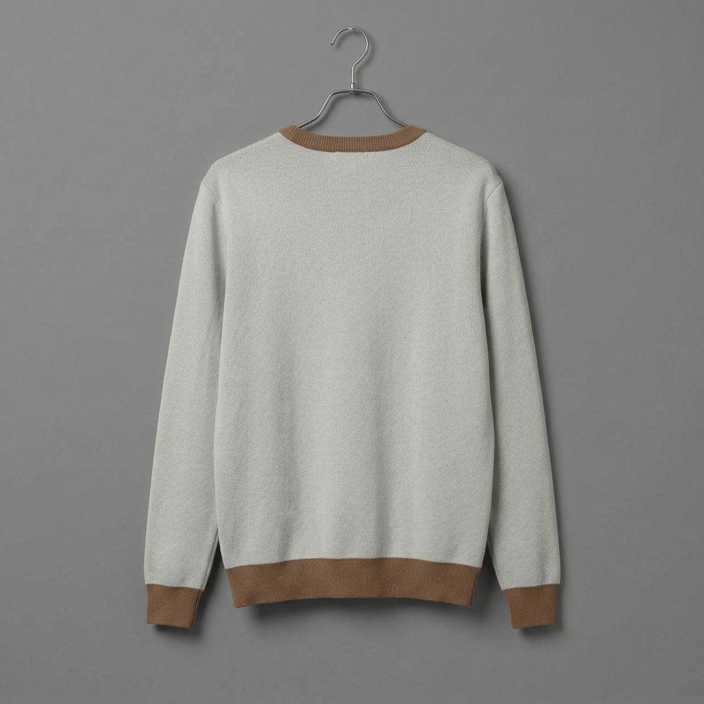 Back view of solid powder blue V-neck sweater with brown ribbed trim