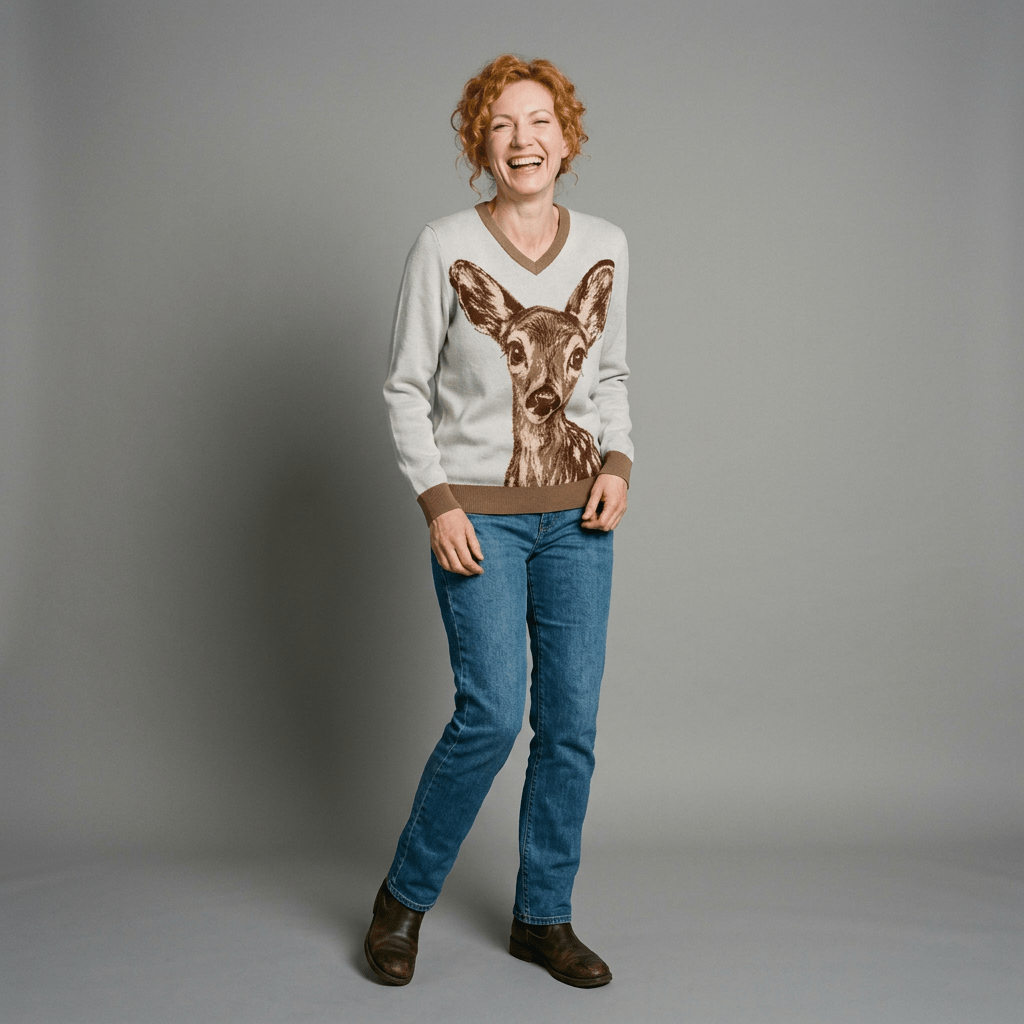 Powder blue knit V-neck sweater with brown fawn graphic and ribbed trim