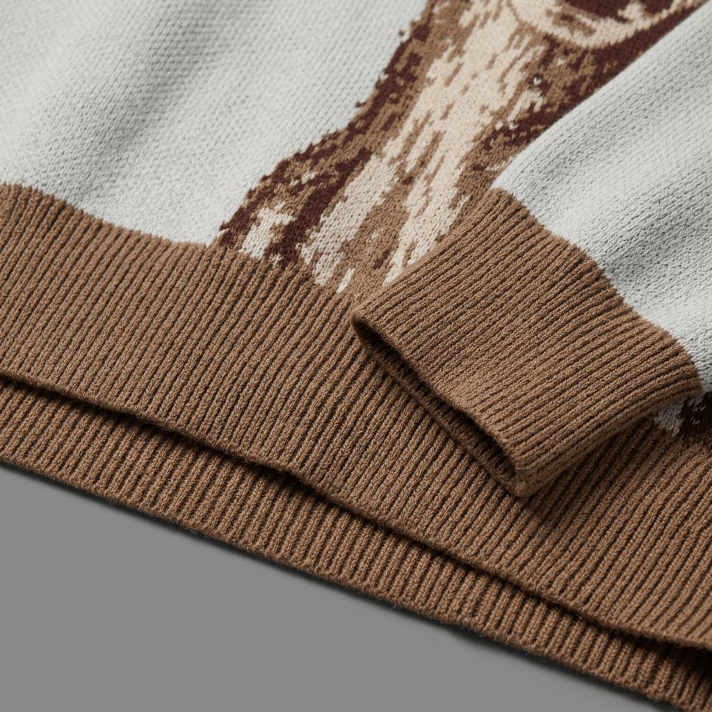 Detail shot of brown ribbed cuff and hem on powder blue knit sweater