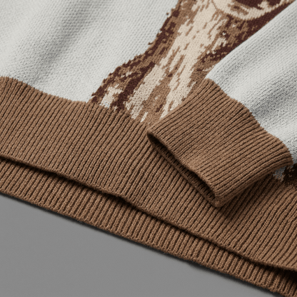 Detail shot of brown ribbed cuff and hem on powder blue knit sweater