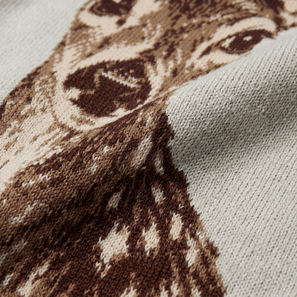 Close-up of textured knit fabric showing brown fawn graphic details on blue sweater