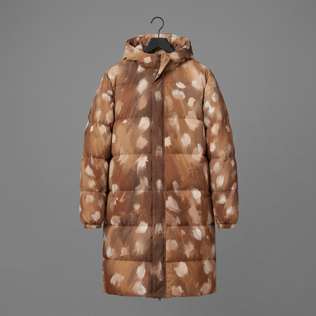 Brown hooded down puffer coat with fawn markings, horizontal quilting, and zip closure