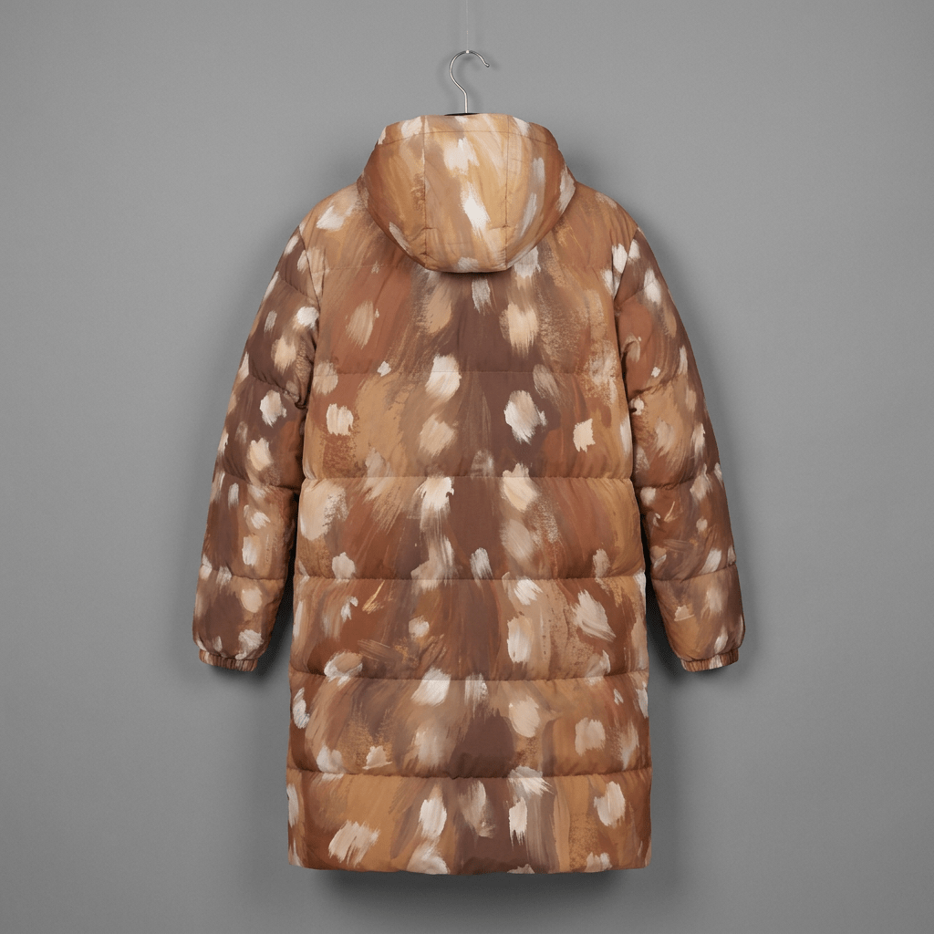 Back view of brown hooded down puffer coat on hanger displaying continuous spotted pattern
