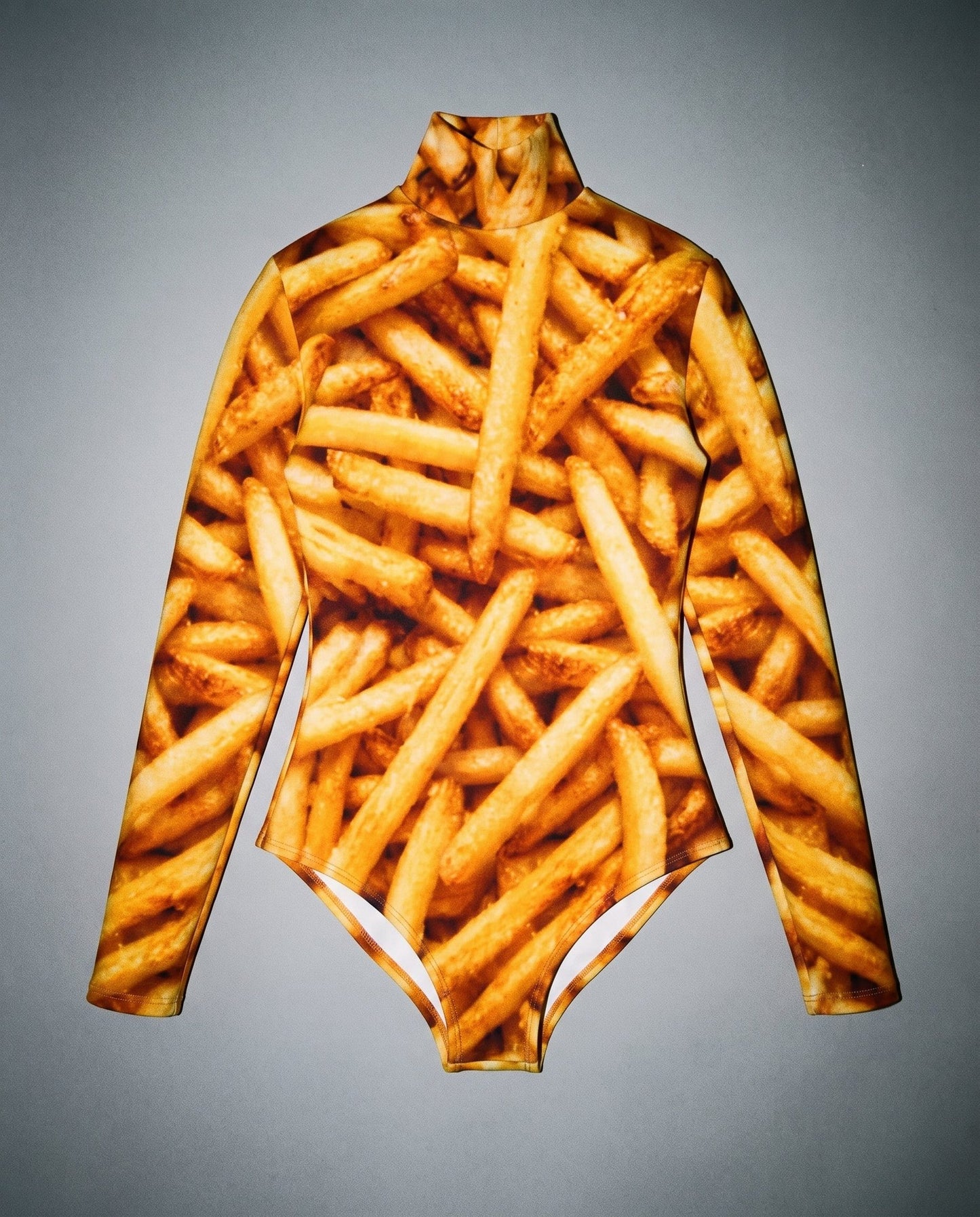 Flat lay french fry print high neck bodysuit with snap buttons