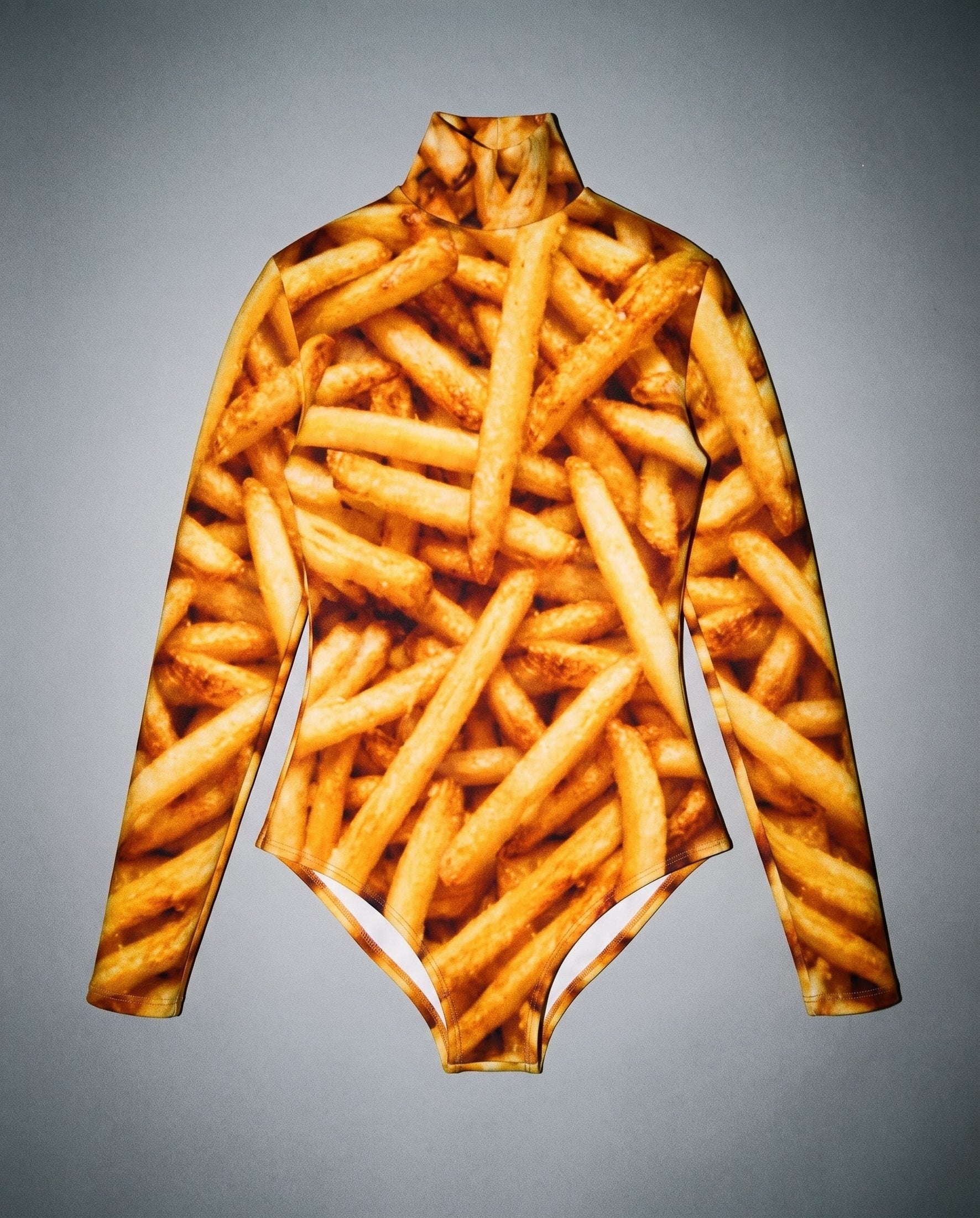 Flat lay french fry print high neck bodysuit with snap buttons