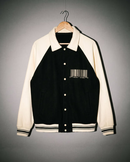 Black and cream varsity jacket front with barcode graphic
