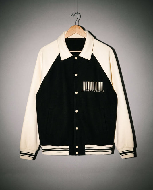 Black and cream varsity jacket front with barcode graphic