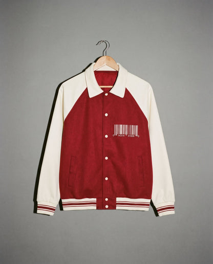 Red and cream varsity jacket front with chest barcode