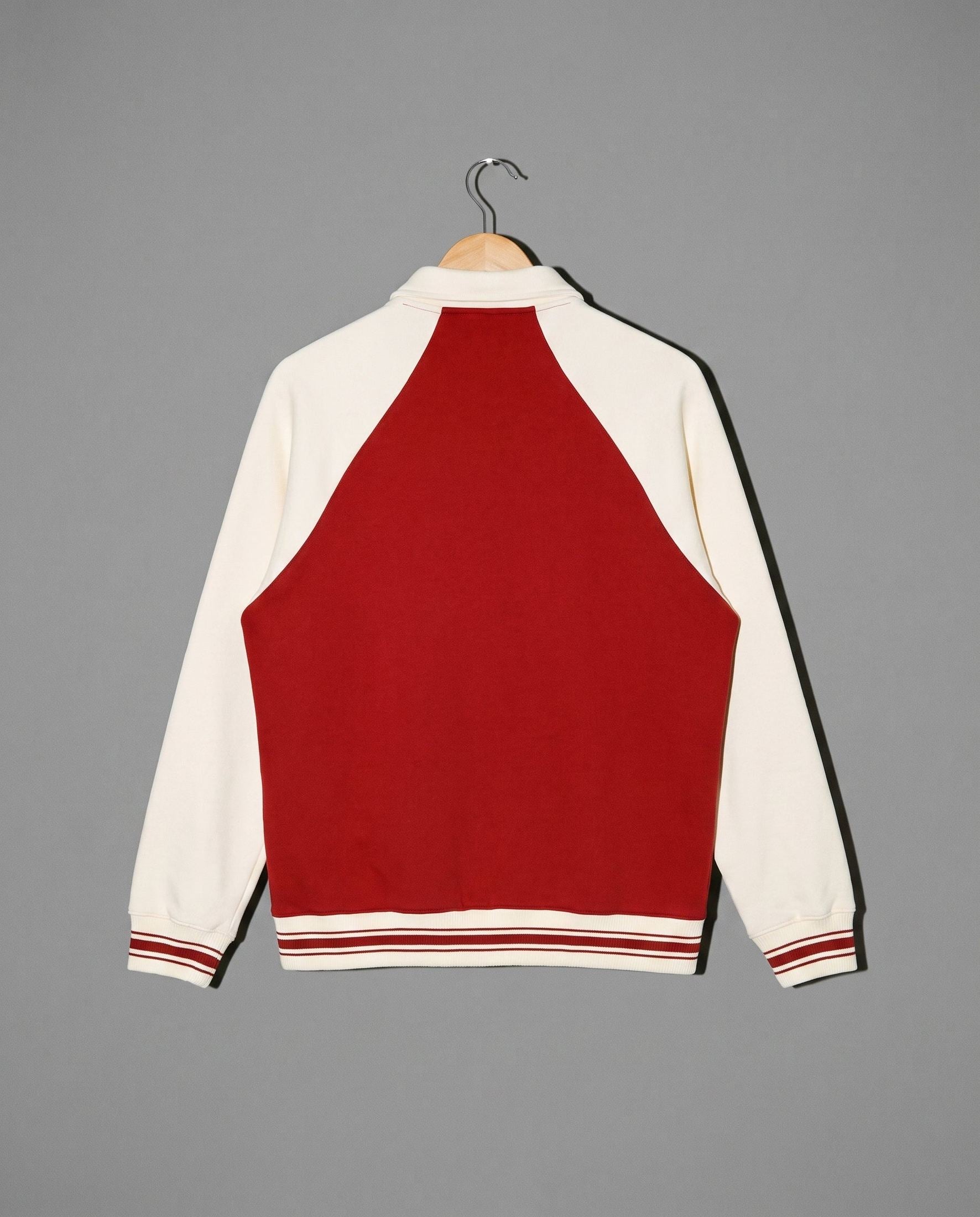 Red and cream varsity jacket back view with striped collar