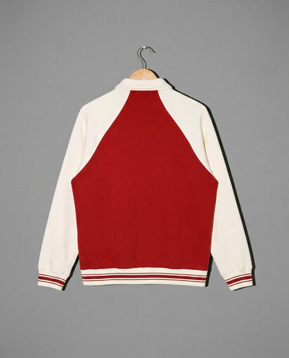 Red and cream varsity jacket back view with striped collar