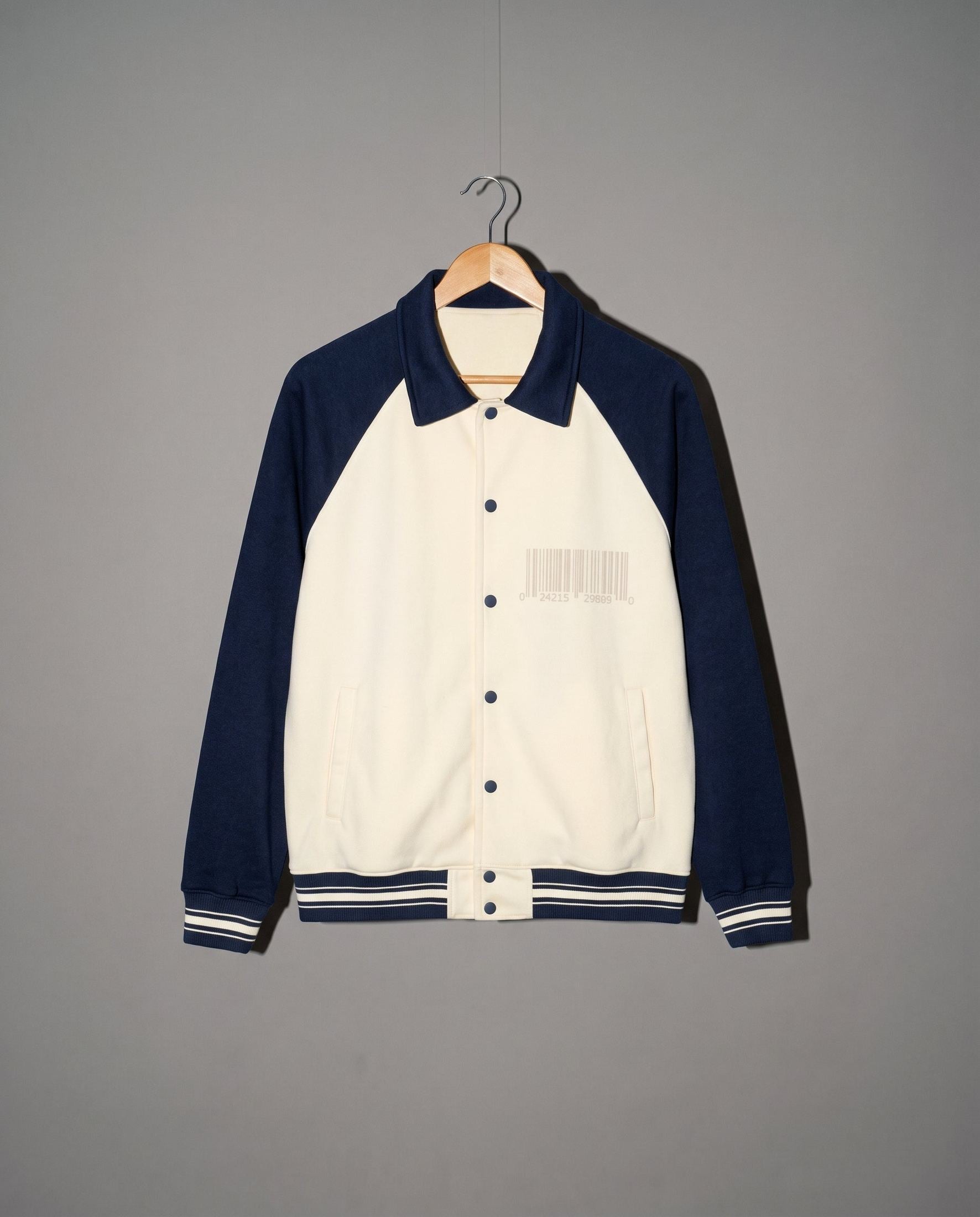 Cream and navy varsity jacket front with gray barcode