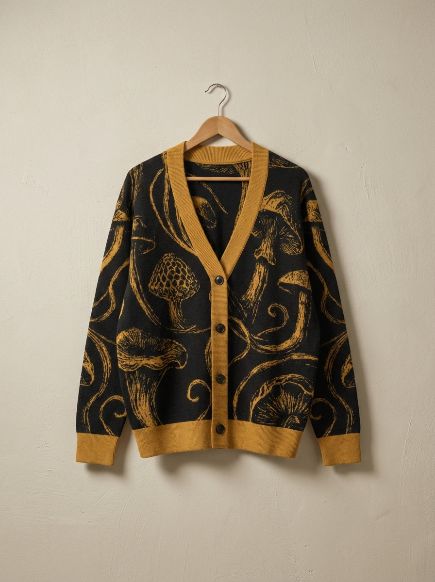 V-neck black and gold mushroom print cardigan on hanger detail