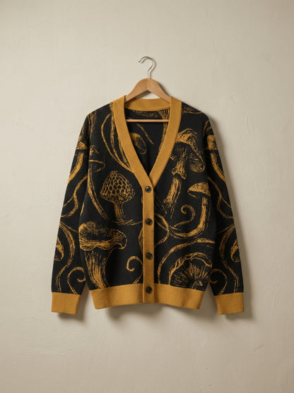 V-neck black and gold mushroom print cardigan on hanger detail