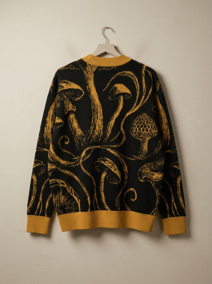 Gold gilled mushroom motif black knit cardigan hanging display