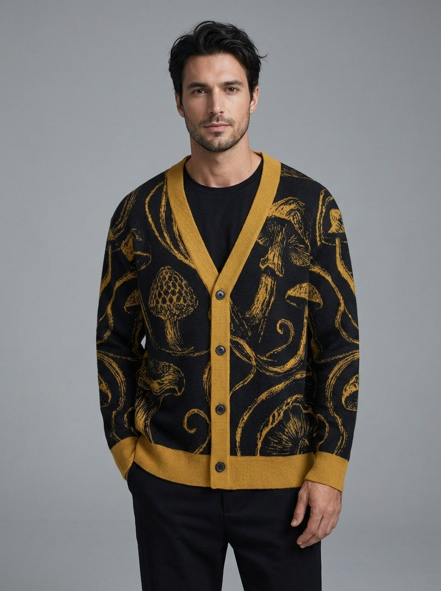 Men's open front black gold mushroom pattern cardigan fit