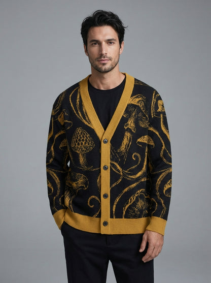 Men's open front black gold mushroom pattern cardigan fit