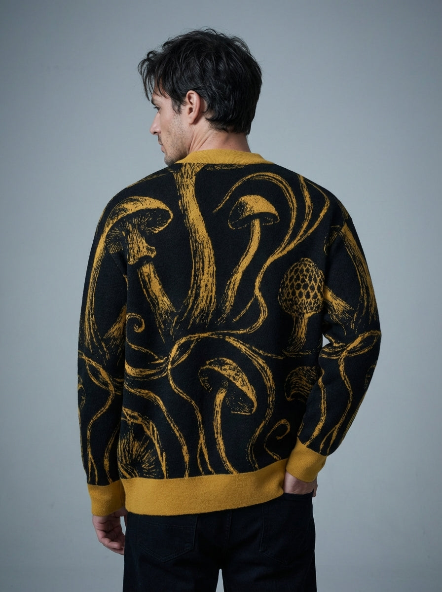 Black gold mushroom jacquard knit cardigan back view with ribbed trim