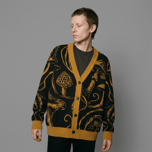 Fastened black mushroom print cardigan with mustard borders