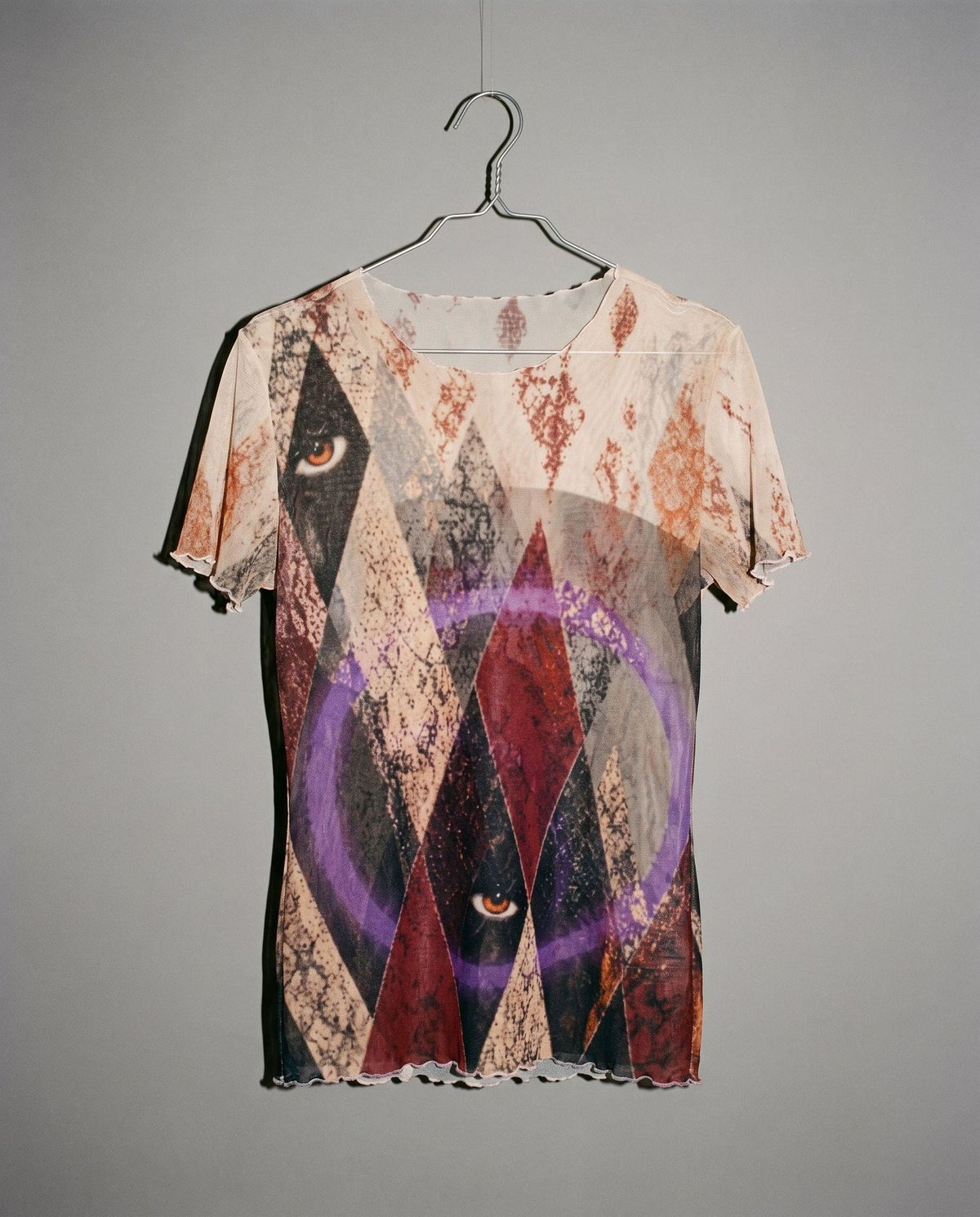 HARLEQUIN short sleeve crew neck mesh top with collage diamond print