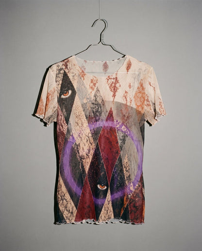HARLEQUIN short sleeve crew neck mesh top with collage diamond print