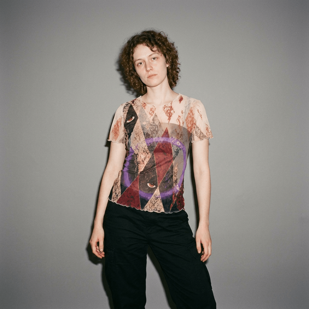 HARLEQUIN sheer mesh top with eyes and diamond print