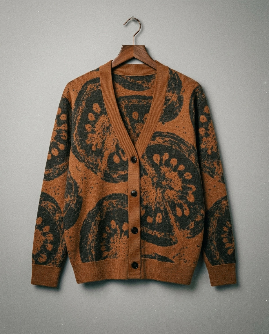 V-neck button-front warm brown cardigan with integrated tomato jacquard knit front