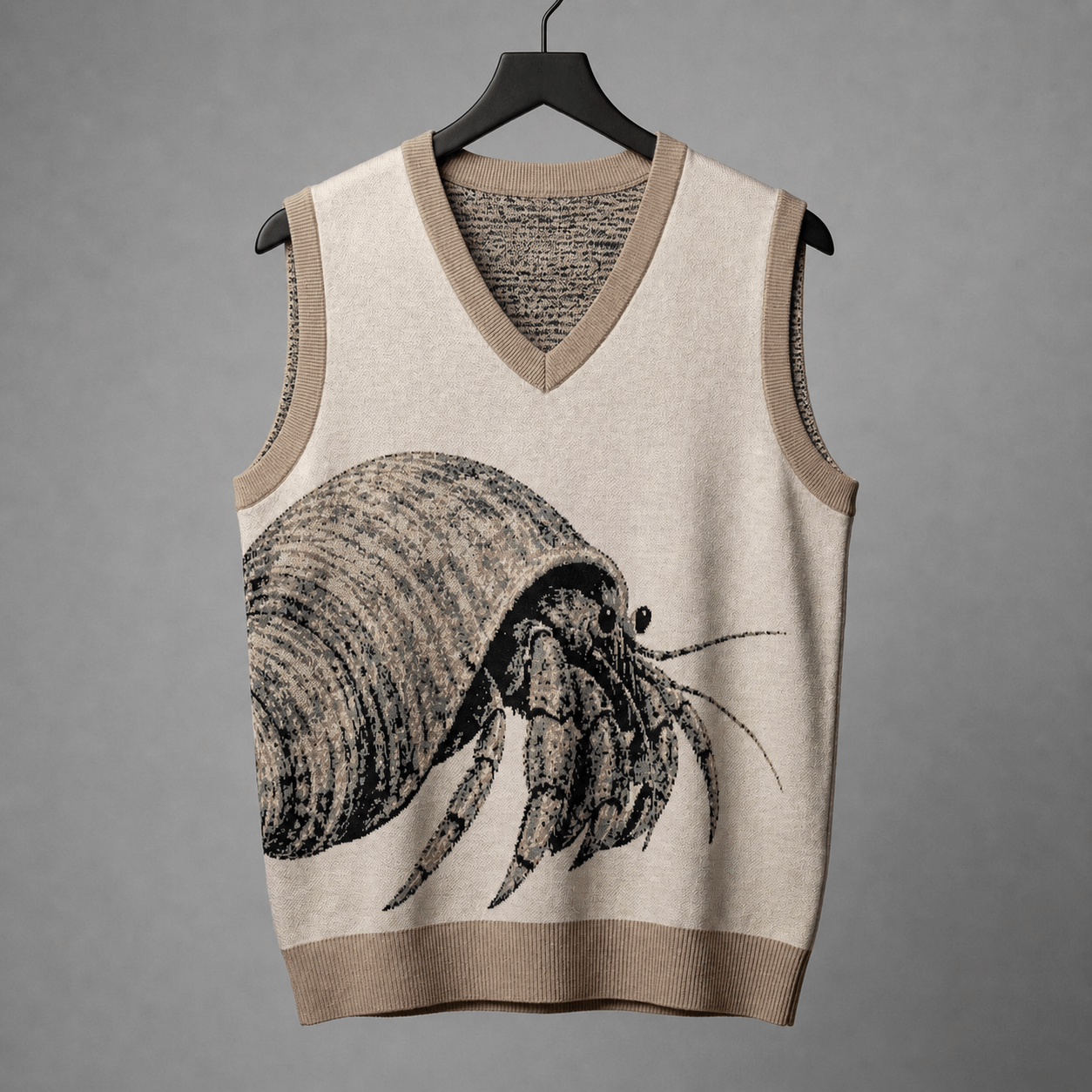 Front view of sleeveless light beige knit vest with intricate black gray and beige hermit crab motif and heathered gray lining