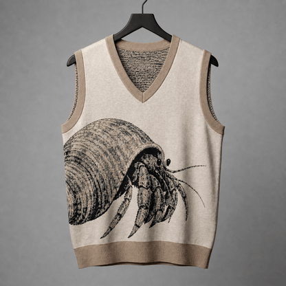 Front view of sleeveless light beige knit vest with intricate black gray and beige hermit crab motif and heathered gray lining