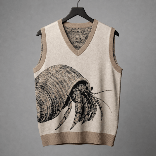 Front view of sleeveless light beige knit vest with intricate black gray and beige hermit crab motif and heathered gray lining