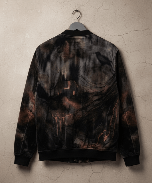 Black brown rust velvet bomber jacket back view with bird silhouette