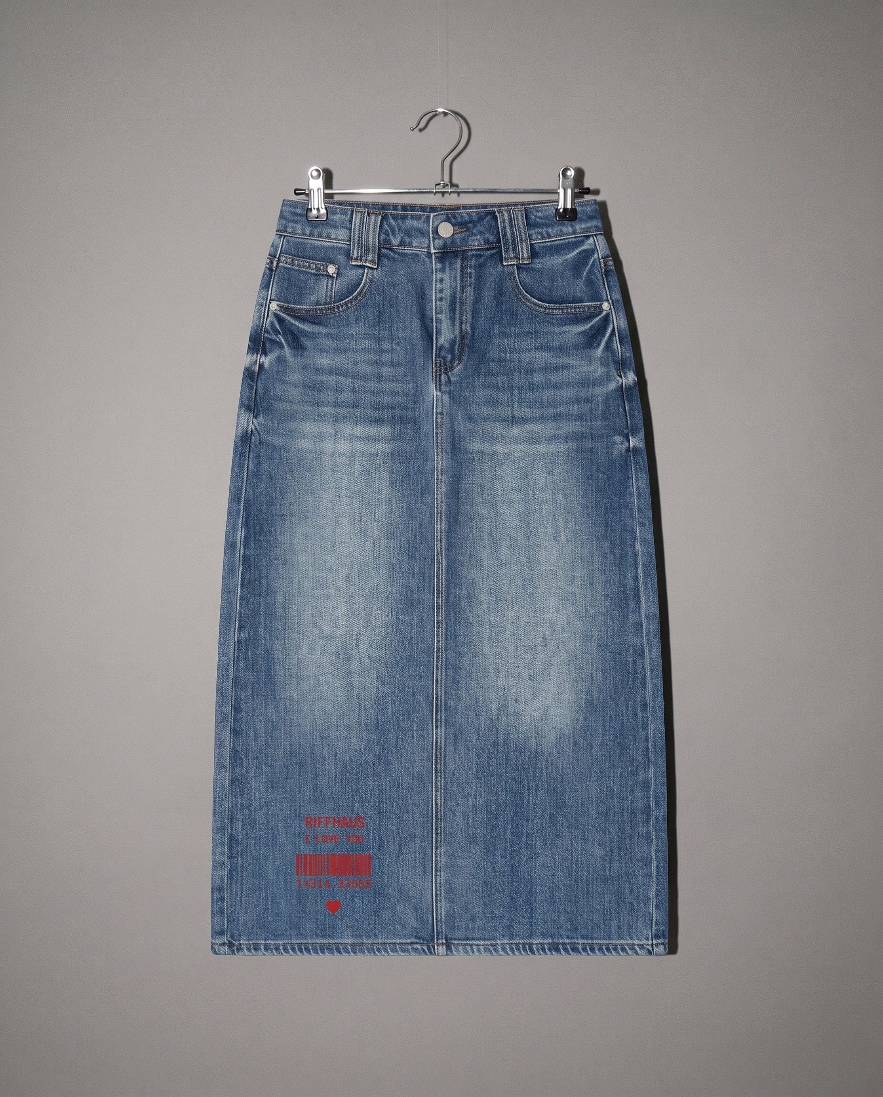 Front view blue denim midi skirt with button closure and red heart print