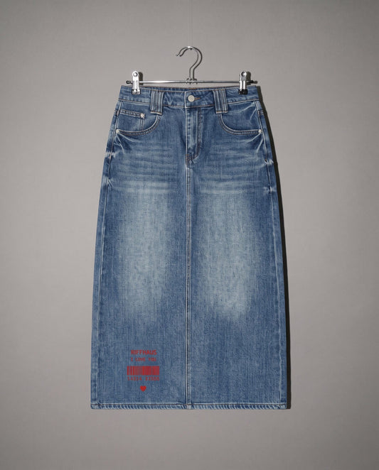 Front view blue denim midi skirt with button closure and red heart print