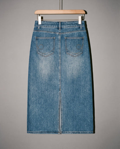 Blue washed cotton-blend denim midi skirt with high waist and back slit