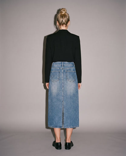 Black blazer and blue denim midi skirt with back slit and pockets