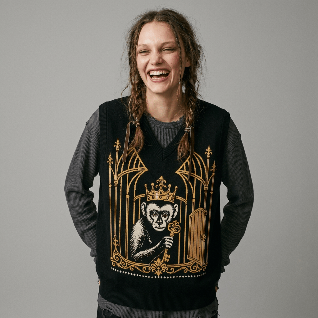 Black V-neck knit sweater vest with crowned monkey and key graphic