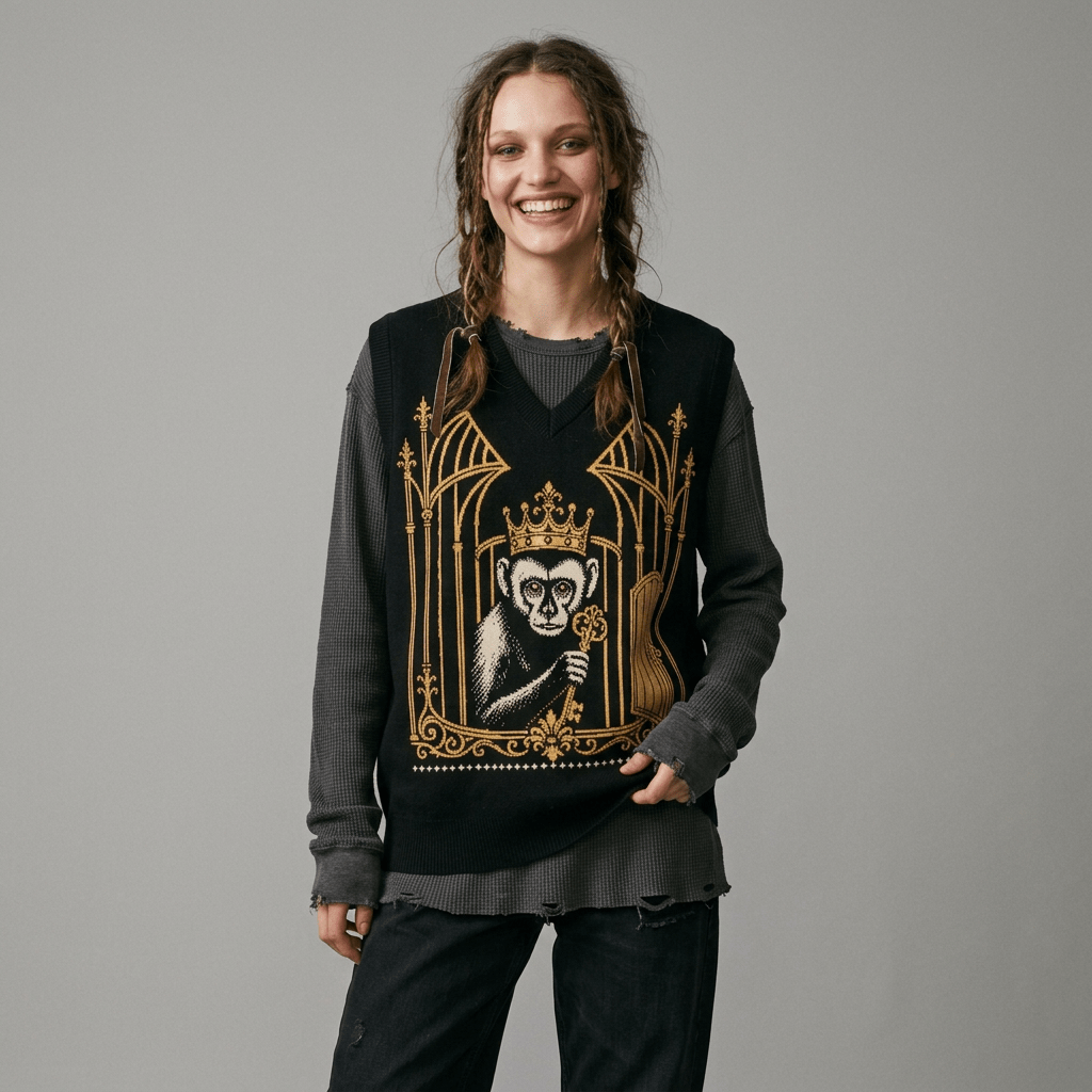 Detailed royal monkey print on black V-neck knit sweater vest