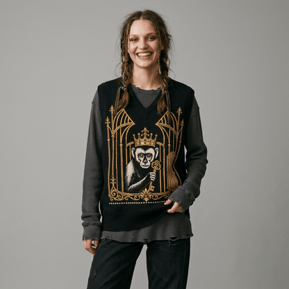 Detailed royal monkey print on black V-neck knit sweater vest