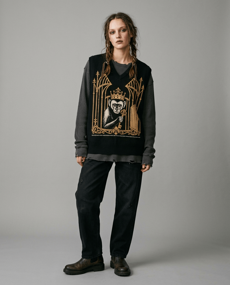 Black knit sweater vest with gold key motif paired with jeans