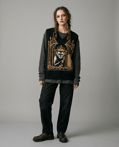 Black knit sweater vest with gold key motif paired with jeans