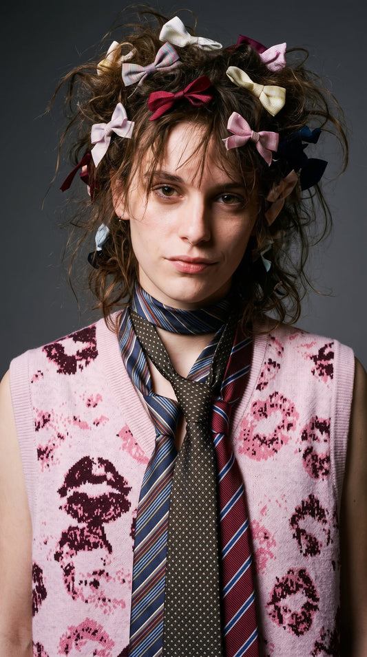 Close-up of pink kiss-mark vest with layered striped and polka dot ties