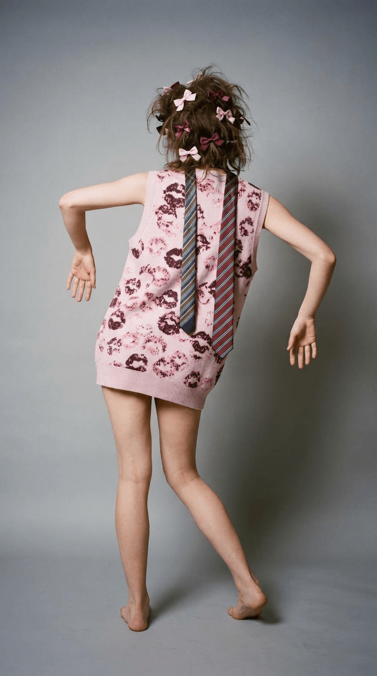 Pink kiss-mark vest styled as mini dress with layered necktie