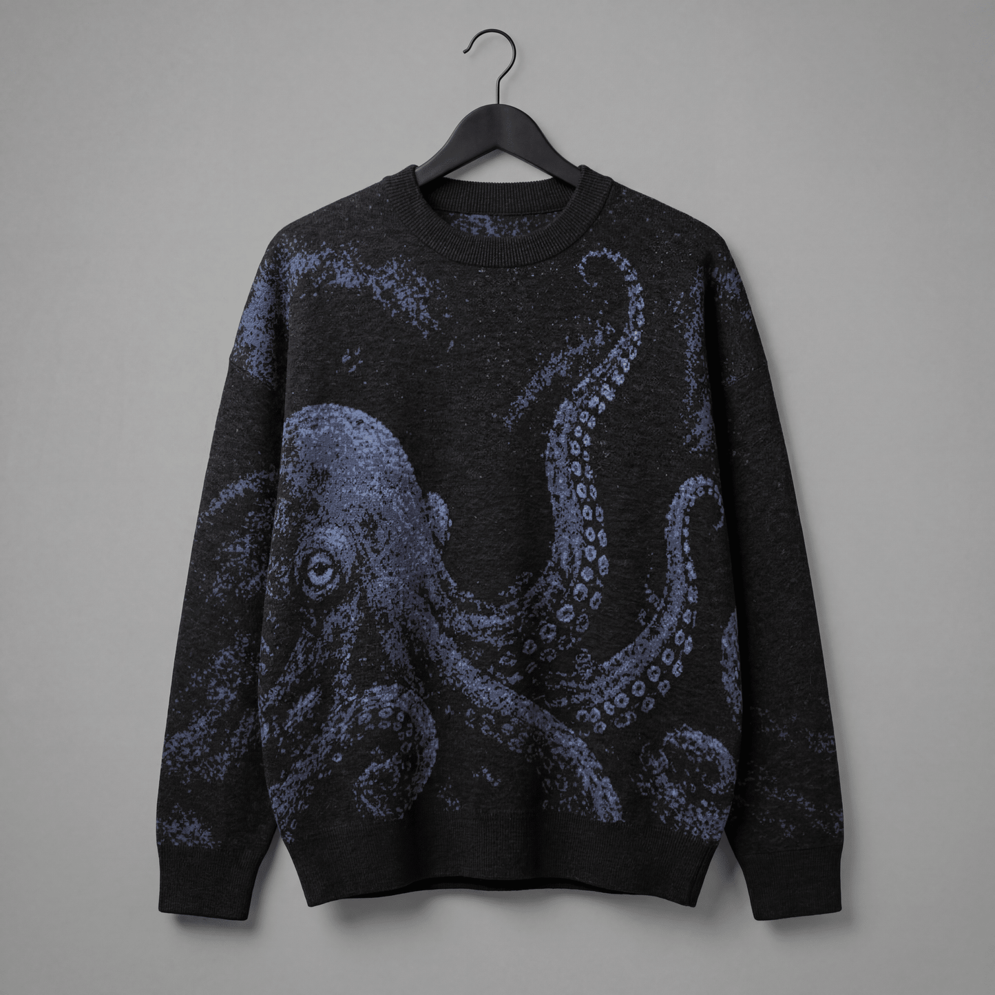 Riffhaus KRAKEN dark heathered knit sweater front view with centered soft blue octopus graphic