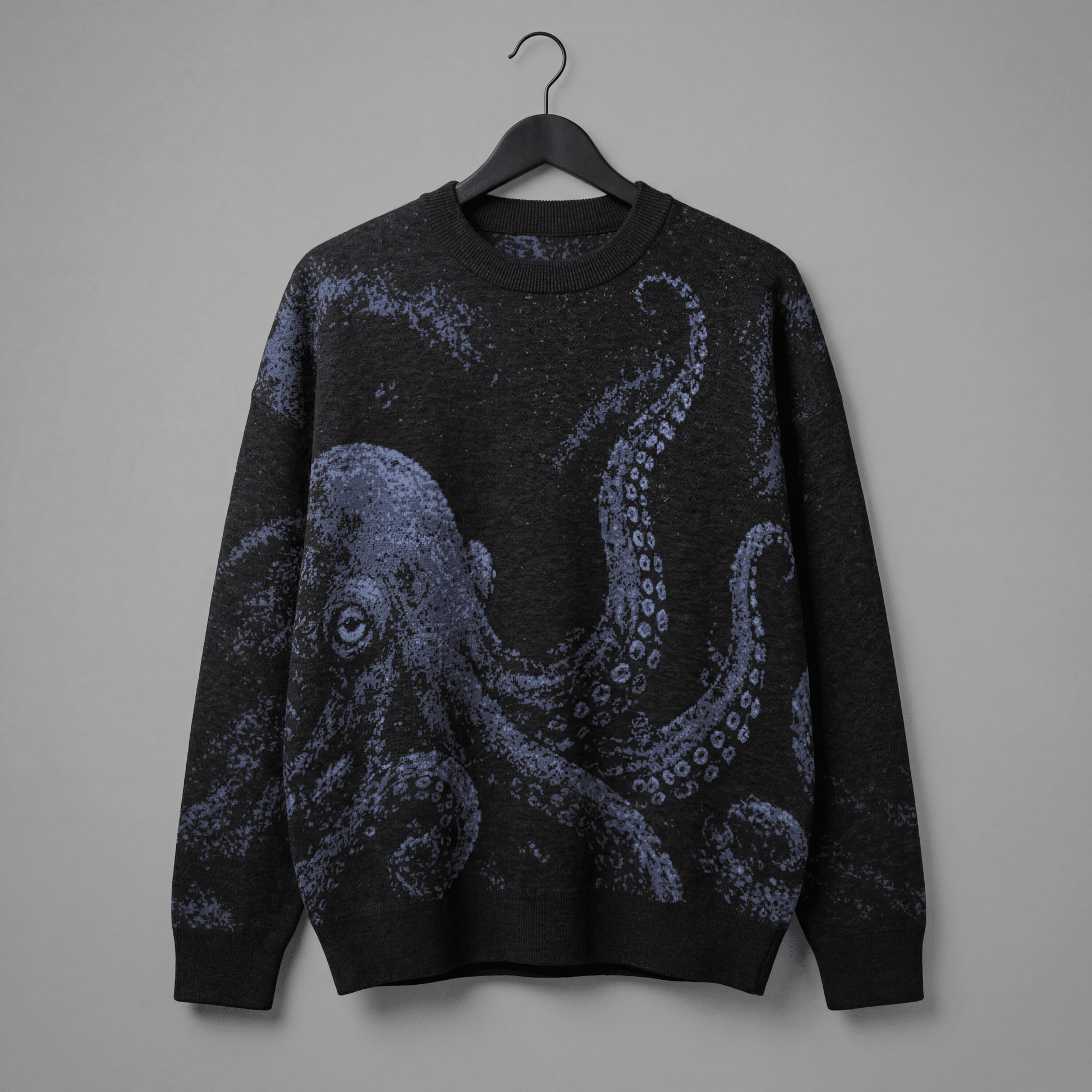 Riffhaus KRAKEN dark heathered knit sweater front view with centered soft blue octopus graphic
