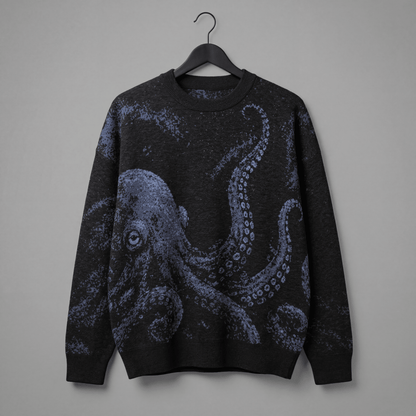 Riffhaus KRAKEN dark heathered knit sweater front view with centered soft blue octopus graphic