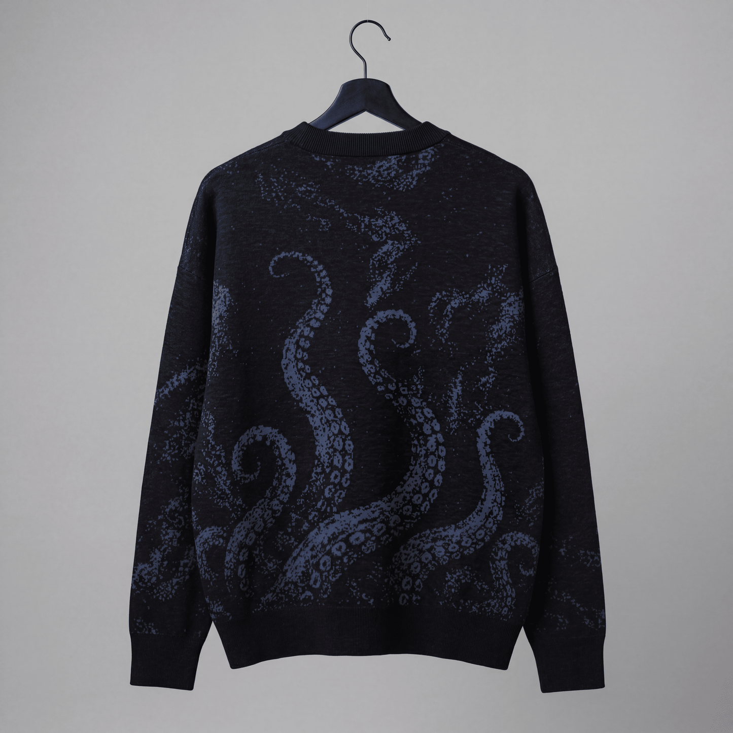 Riffhaus KRAKEN dark heathered knit sweater back view with integrated soft blue octopus print