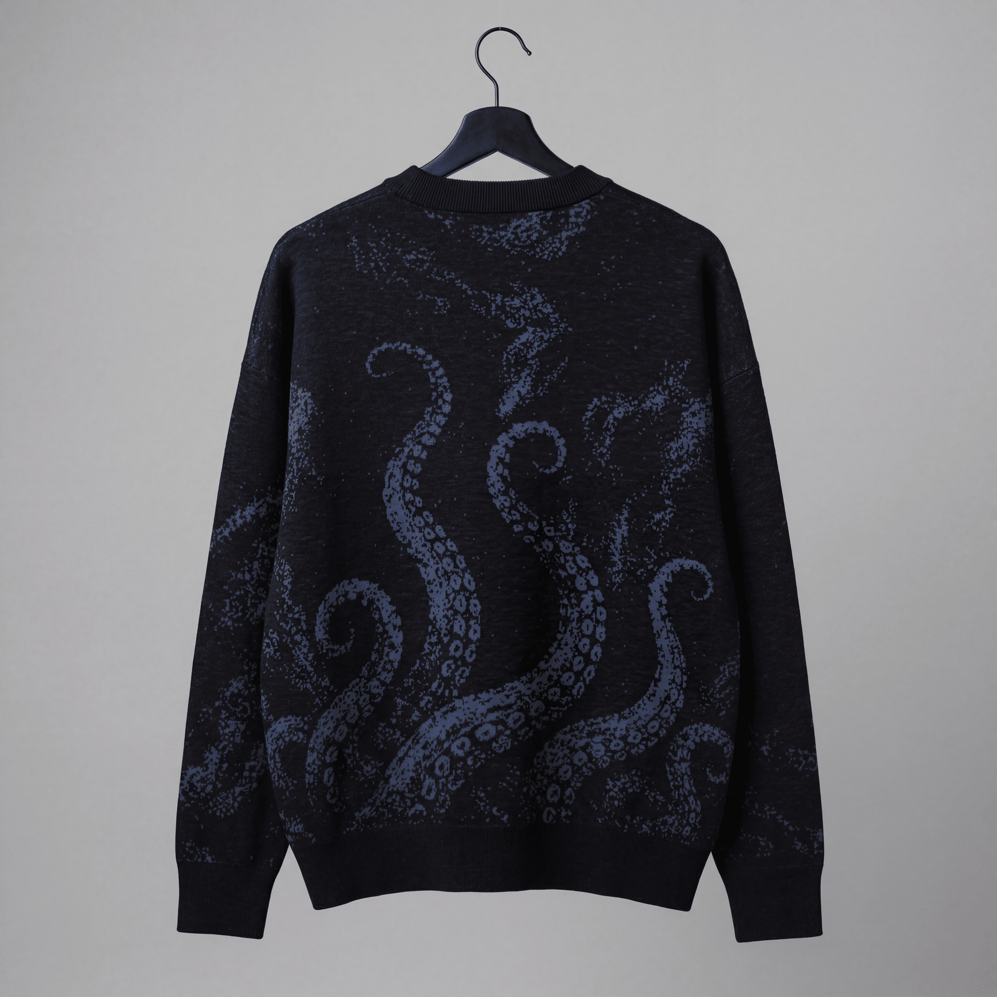 Riffhaus KRAKEN dark heathered knit sweater back view with integrated soft blue octopus print