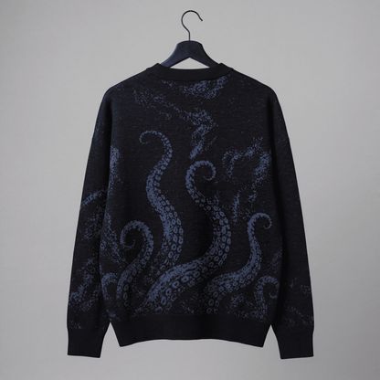 Riffhaus KRAKEN dark heathered knit sweater back view with integrated soft blue octopus print